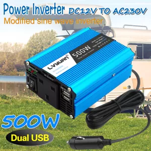 500W Wechselrichter DC 12V auf AC 230V Auto Wandler mit 2USB Reise Reise Blau - Bild 1 von 5