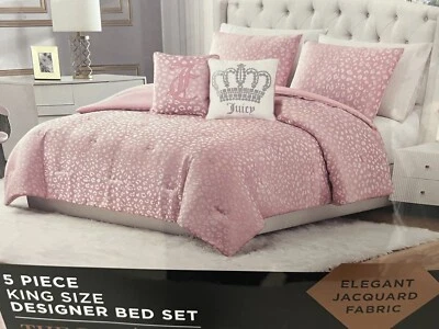 Juicy Couture Rose Collection 5-Pc KING Shiny Silv Animal Print PINK Bed Set NWT - Image 1 of 4