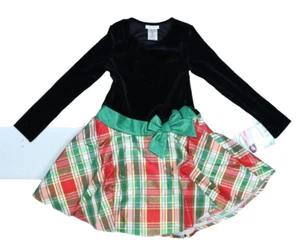 Bonnie Jean Velvet & Plaid Holiday Dress Black & Christmas Plaid Girls Sz 14 - Picture 1 of 12