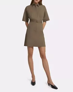 $315 THEORY Women's Belted Shirt Dress in Stretch Cotton Twill Willow Khaki 8 - Picture 1 of 5
