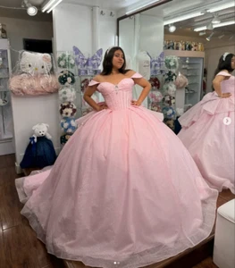 Glitters Light Pink Quinceanera Dresses with Bow Off the Shoulder Beaded Gowns - Picture 1 of 9