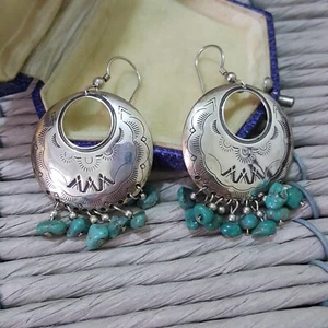 Carolyn Pollack 925 Sterling Silver Earrings, Natural Turquoise Dangle, Creole - Picture 1 of 6