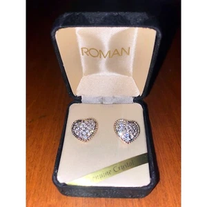 Vintage Swarovski Roman Heart Earrings Crystal Gold Tone Studs Earrings - Picture 1 of 8