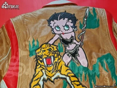 🔥Vintage 80s BETTY BOOP Tiger Pinup Tribal Retro Leather Racing Jacket M - Image 1 of 4