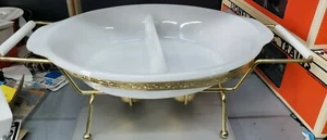Vintage Fire-King Divided Serving Dish 468 Milk Glass White Oval Bowl w/Stand - Picture 1 of 10