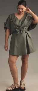 Anthropologie Short - Sleeve Wrap - Front Mini Dress Green PLUS 1X New With Tags - Picture 1 of 16