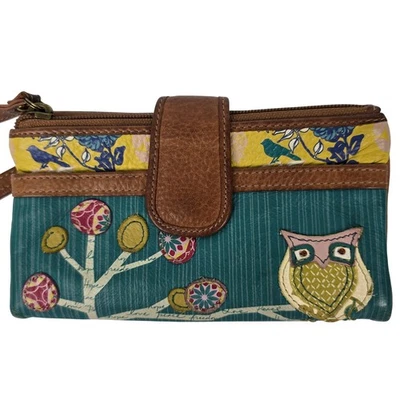 Cartera sin asas de cuero fósil "Kelly" búho multicolor boho envejecido multi bolsillo Foto 1 de 4