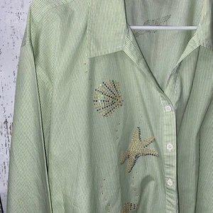 Camisa frontal con botones para mujer Tia Designs 1x verde a rayas cáscaras deslumbrantes - Imagen 1 de 7