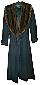 VINTAGE Ralph Lauren Coat Womens 10 Black Wool Cashmere Robe Wrap Faux Fur LRL - Picture 1 of 12
