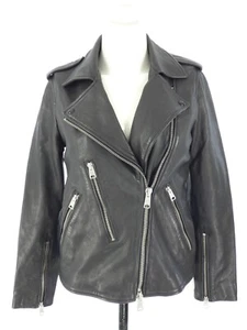 All Saints Leather Jacket Biker ELVA Black Asymmetric Zip Zipped Pockets UK 8 - Picture 1 of 16