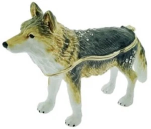 3323       WOLF  BEJEWELED ENAMEL TRINKET BOX  - Picture 1 of 8