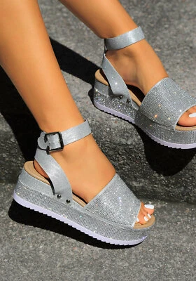 Nuevas sandalias para mujer con correa en el tobillo punta abierta de estrás tacón mediano con plataforma de cuña Foto 1 de 2