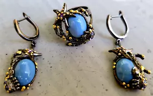HANDMADE NATURAL BLUE OPAL STONE Earrings Ring Set SEA STAR Silver 925 Sterling - Picture 1 of 10