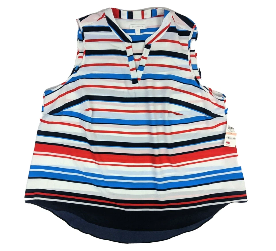 Charter Club Womens Blouse White Size 2x Plus Stripe Split Neck Top 418