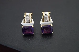 14K Gold Two Tone Earrings with Diamonds and Amethyst - Picture 1 of 3