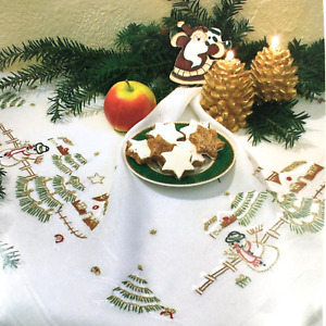 Exclusive Table Design Winter Scene Snowman Embroidery Square Topper Kit 32"
