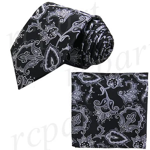 New Brand Q Men's Micro Fiber formal Neck Tie & Hankie Set Paisley black gray - Picture 1 of 3