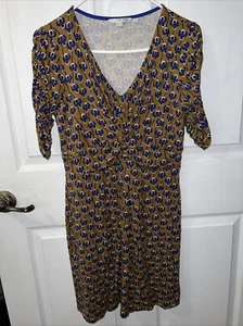 Boden Damen Kleid Größe 8 hellbraun & blau Blumen geraffte Ärmel - Bild 1 von 8