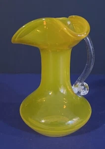 Art Glass Hand Blown 4 3/4” Bright Yellow Ruffled Vase Applied Clear Handle - Picture 1 of 6