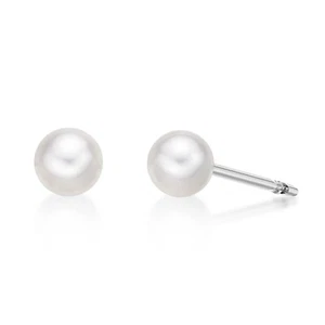 14K White Gold Round Pearl Stud Earrings for Women with Push Backs - 4 mm - Picture 1 of 9