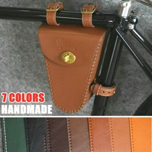 Classic Retro Black Brown Triangle Frame Bicycle Bag Leather Vintage Bike Bag - Picture 1 of 21