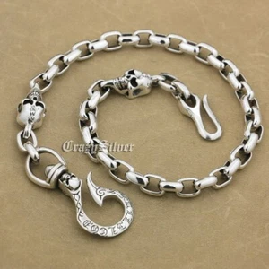 925 Sterling Silver SKull Fish Hook Wallet Chain Mens Punk KeyChain 9N014WCA - Picture 1 of 24