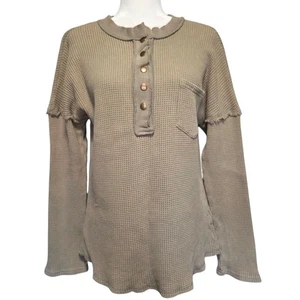 Bohme Waffle Knit Henley Shirt Womens L Green Cozy Granola Grunge Earthy Minimal - Picture 1 of 10