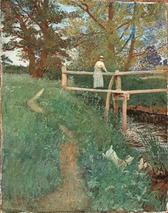 Henry Reynolds Steer (1858-1928) - Watercolour Painting - Girl On Bridge - Picture 1 of 12