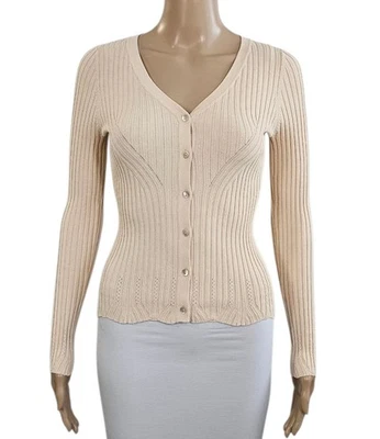 AUTUMN CASHMERE Blush Beige Viscose Ribbed Knit V Neck Button Front Cardigan XS - Image 1 of 4