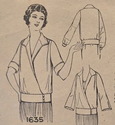 RARE Antq. Pictorial Review Pattern 1635, ca. 1910s, Jacquette Blouse, B36. - Image 1 of 3