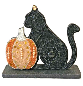 Black Beaded Cat w/Beaded Pumpkin Halloween 9.25" x 8.25" Standing India NEW - Picture 1 of 9