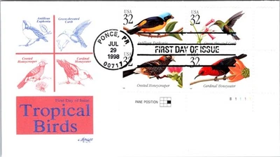UNITED STATES 1998 CACHET FDC COVER COMM TROPICAL BIRDS PLATE BLOCK - Image 1 of 2