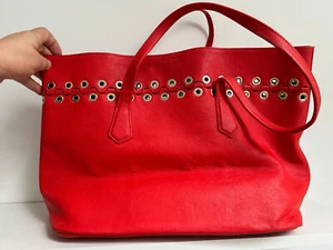 SONIA RYKIEL Red Leather Silver Eyelet Large Tote Shopper Top Handle Bag - Picture 1 of 18