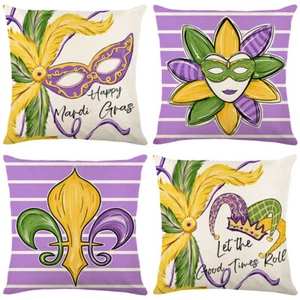 Mardi Gras Pillow Covers 18x18 Set of 4 for Fleur De Lis Feather Cushion Cases - Picture 1 of 7