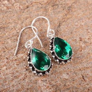 Lab Created Emerald Gemstone 925 Sterling Silver Earring Handmade jewelry - Picture 1 of 3