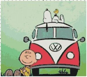 Charlie Brown Snoopy and VW Bug Cartoon Counted Cross Stitch Pattern Needlepoint