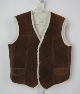 VTG 1980 90s MEN'S SUEDE LEATHER VEST BROWN SIZE 44 POLY SHEARLING LINING - Picture 1 of 11