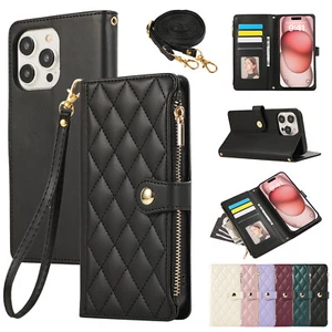 For iPhone 16 Pro Max 15 14 13 12 11 8 SE Lanyard Zipper Wallet Card Phone Case - Picture 1 of 28
