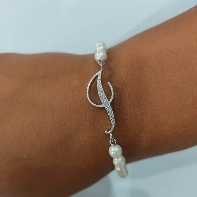 BRACCIALE PERLE DI 4MM LETTERA ( I ) IN ARGENTO 925 RODIATO IN ORO BIANCO 18KT - Immagine 1 di 2