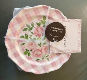 Laura Ashley 4 Appetizer Plates 5 1/2" NEW Melamine Pink Roses & Checks - Picture 1 of 4