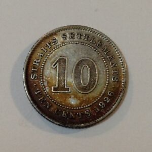 1926 Straits Settlements,10 Cents /0.1 Dollar,Silver Coin,Original/Toned Antique