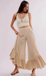 NEW Free People Summer Kiss Godet Pants Casual Wide-Leg Bloomer Ruffle Sand XS/2 - Picture 1 of 6