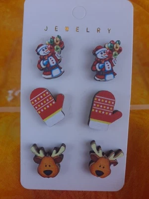 Nuevo paquete de 3 aretes de madera manoplas de Navidad, muñecos de nieve, renos  Foto 1 de 2