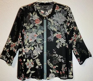 CITRON 100% SILK BLOUSE SHIRT FLORAL SHEER 3/4 Sleeve BUTTON FRONT SIZE S EUC - Picture 1 of 9