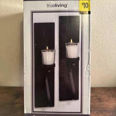 Set of 2 Wall Sconces 3.1 X 12.8 Black Metal w/ 2 Clear Glass Votive Candle Cups - Image 1 of 4