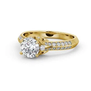 2Ct Round Cut Moissanite Pave Wedding Women's Ring In Solid 14K Yellow Gold - Picture 1 of 6