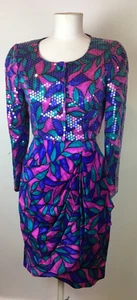 AUTÉNTICO VINTAGE A.J. JUEGO DE 2 PIEZAS CHAQUETA BOLERO LENTEJUELAS VESTIDO SEDA BARI 1980 TALLA 8 - Imagen 1 de 22