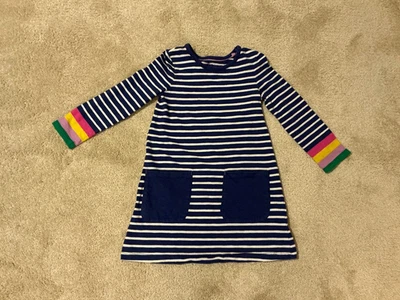 Vestido Mini Boden Niña 6-7 Algodón Azul y Blanco Rayas Línea A con Puños Coloridos Foto 1 de 4