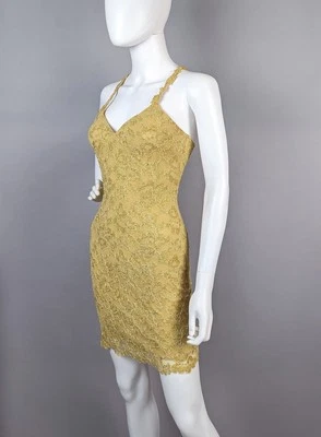 Vintage 90s Roberta Gold Lace Mini Dress Bodycon Cocktail Party Dress Sz 3/4 XS - Image 1 of 4