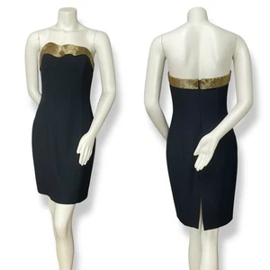 Vintage Strapless Dress Beaded Wavy Neckline Hollywood Glamour Sheath Black 80s - Picture 1 of 12